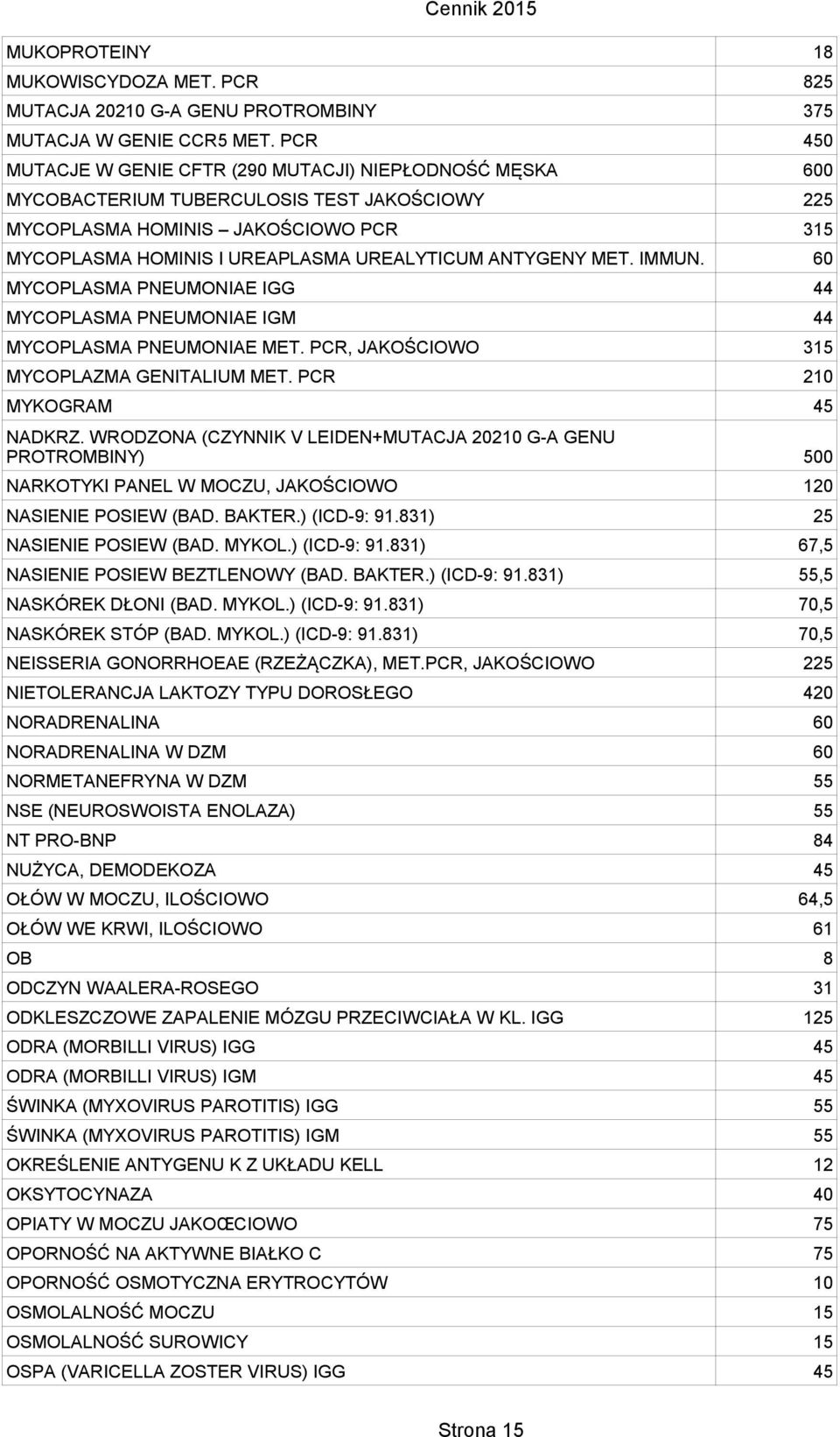 ANTYGENY MET. IMMUN. 60 MYCOPLASMA PNEUMONIAE IGG 44 MYCOPLASMA PNEUMONIAE IGM 44 MYCOPLASMA PNEUMONIAE MET. PCR, JAKOŚCIOWO 315 MYCOPLAZMA GENITALIUM MET. PCR 210 MYKOGRAM 45 NADKRZ.