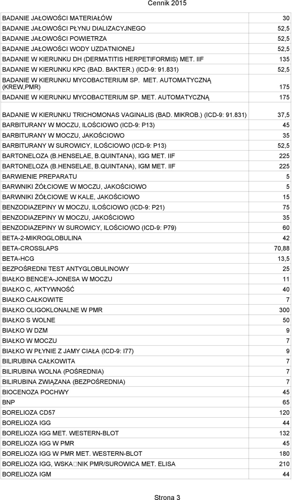 MIKROB.) (ICD-9: 91.831) 37,5 BARBITURANY W MOCZU, ILOŚCIOWO (ICD-9: P13) 45 BARBITURANY W MOCZU, JAKOŚCIOWO 35 BARBITURANY W SUROWICY, ILOŚCIOWO (ICD-9: P13) 52,5 BARTONELOZA (B.HENSELAE, B.