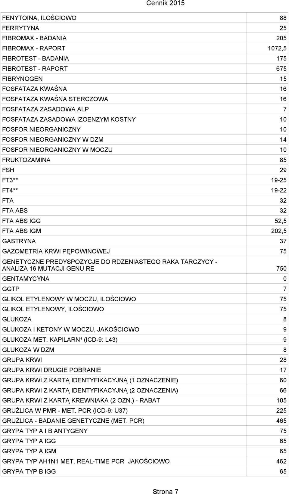 32 FTA ABS 32 FTA ABS IGG 52,5 FTA ABS IGM 202,5 GASTRYNA 37 GAZOMETRIA KRWI PĘPOWINOWEJ 75 GENETYCZNE PREDYSPOZYCJE DO RDZENIASTEGO RAKA TARCZYCY - ANALIZA 16 MUTACJI GENU RE GENTAMYCYNA 0 GGTP 7