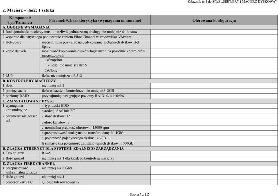 kopie danych możliwość kopiowania dysków logicznych na poziomie kontrolerów macierzowych 1) Snapshot - ilość: nie mniejsza niż 5 2) Clone 5. LUN ilość: nie mniejsza niż 512 B. KONTROLERY MACIERZY 1.