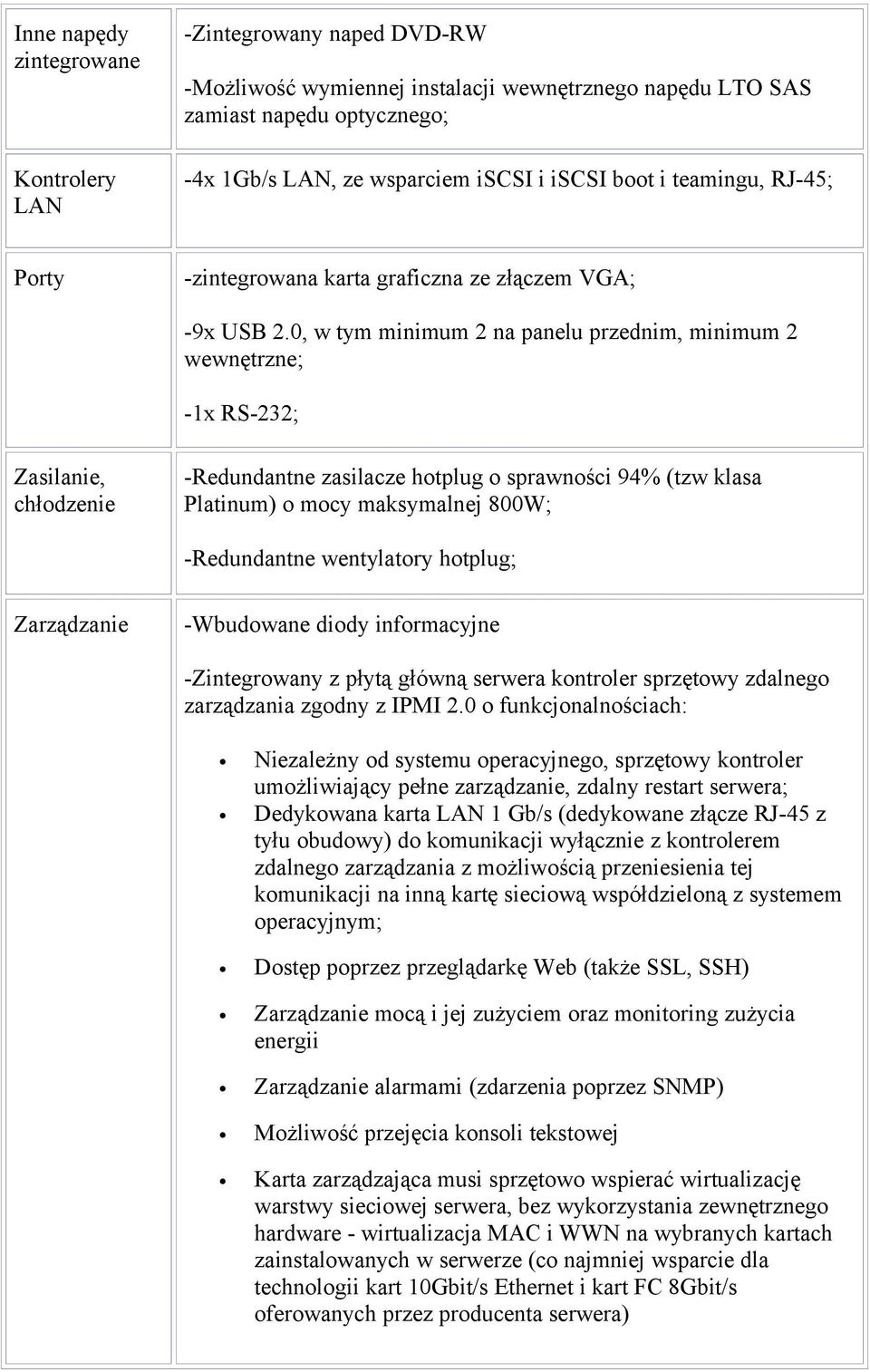 0, w tym minimum 2 na panelu przednim, minimum 2 wewnętrzne; -1x RS-232; Zasilanie, chłdzenie -Redundantne zasilacze htplug sprawnści 94% (tzw klasa Platinum) mcy maksymalnej 800W; -Redundantne