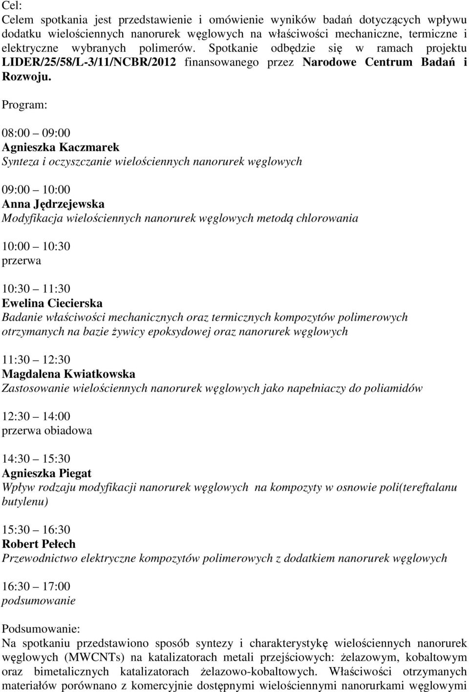 Program: 08:00 09:00 Agnieszka Kaczmarek Synteza i oczyszczanie wielościennych nanorurek węglowych 09:00 10:00 Anna Jędrzejewska Modyfikacja wielościennych nanorurek węglowych metodą chlorowania