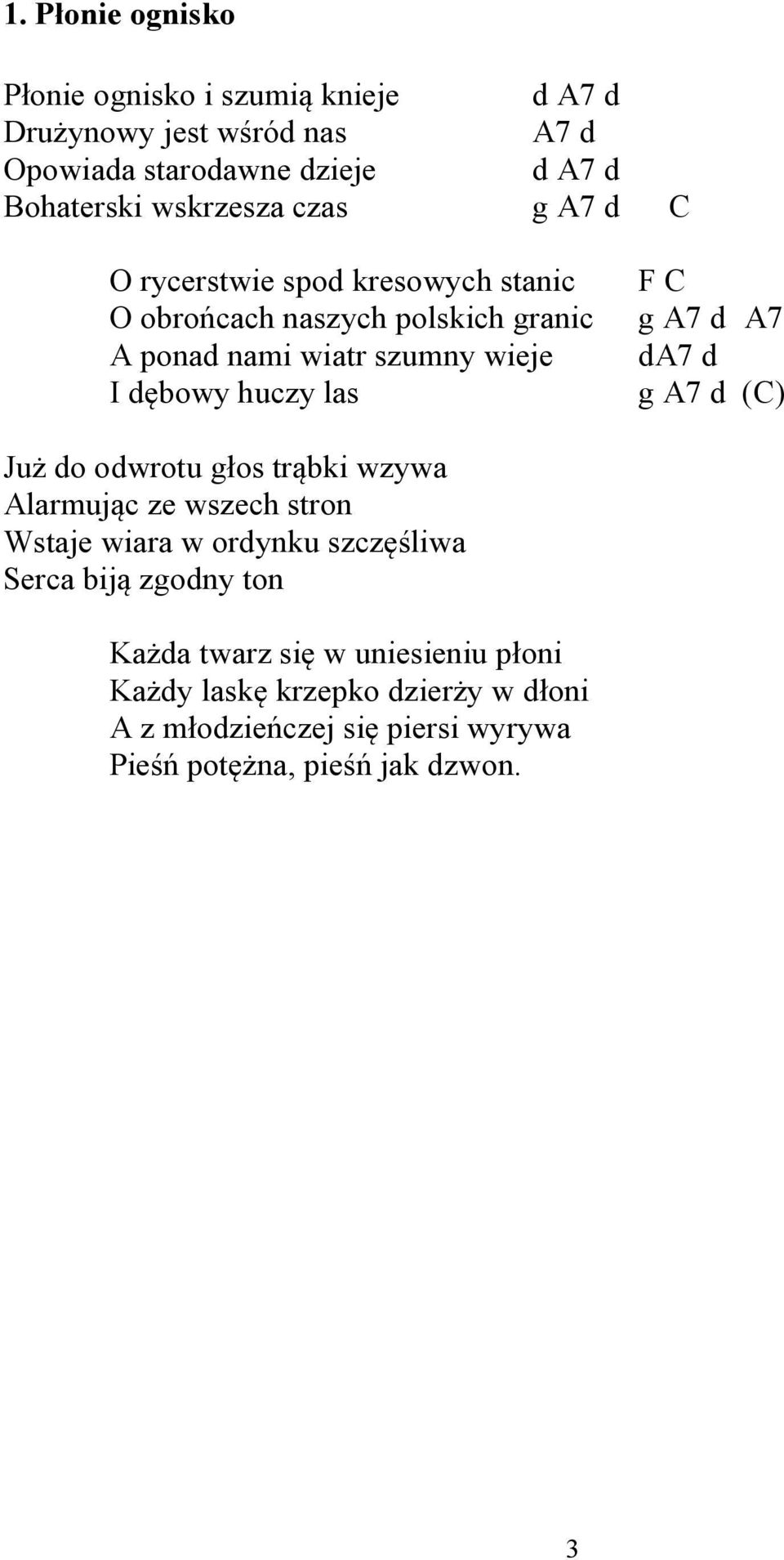 g A7 d A7 da7 d g A7 d (C) Już do odwrotu głos trąbki wzywa Alarmując ze wszech stron Wstaje wiara w ordynku szczęśliwa Serca biją zgodny