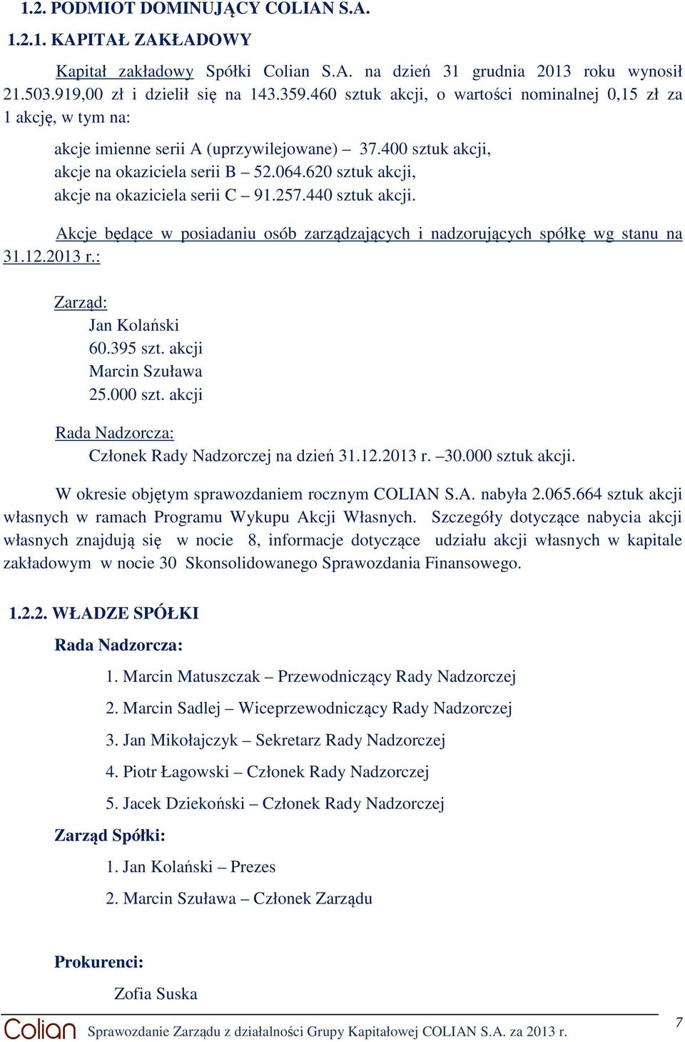 620 sztuk akcji, akcje na okaziciela serii C 91.257.440 sztuk akcji. Akcje będące w posiadaniu osób zarządzających i nadzorujących spółkę wg stanu na 31.12.2013 r.: Zarząd: Jan Kolański 60.395 szt.