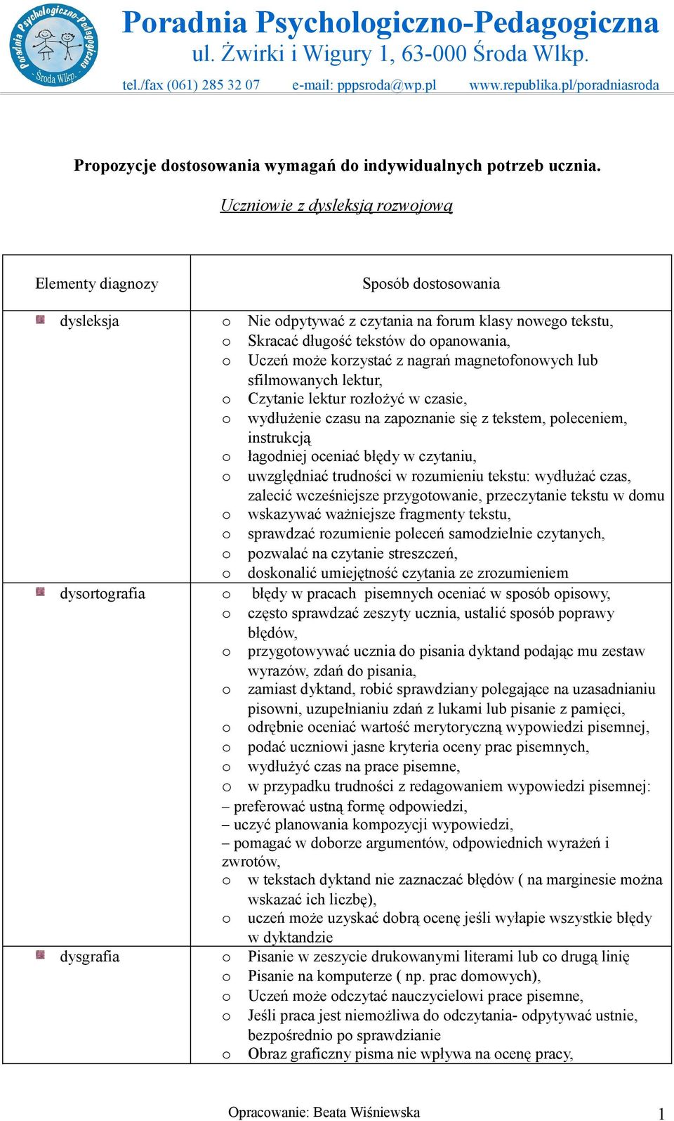 Uczniwie z dysleksją rzwjwą Elementy diagnzy Spsób dstswania dysleksja Nie dpytywać z czytania na frum klasy nweg tekstu, Skracać długść tekstów d panwania, Uczeń mże krzystać z nagrań magnetfnwych