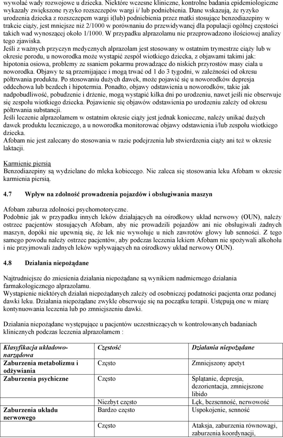 populacji ogólnej częstości takich wad wynoszącej około 1/1000. W przypadku alprazolamu nie przeprowadzono ilościowej analizy tego zjawiska.