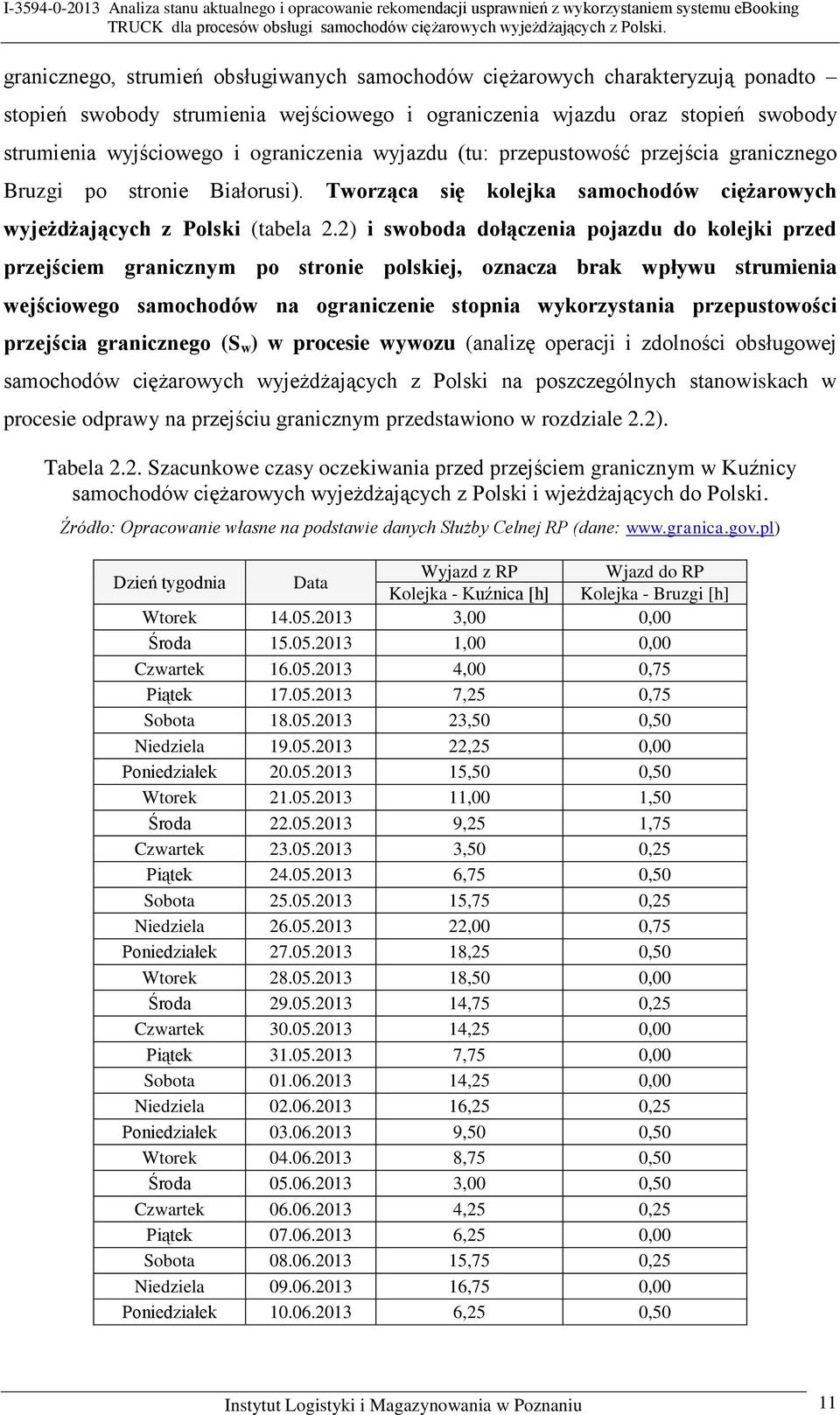 2) i swoboda dołączenia pojazdu do kolejki przed przejściem granicznym po stronie polskiej, oznacza brak wpływu strumienia wejściowego samochodów na ograniczenie stopnia wykorzystania przepustowości