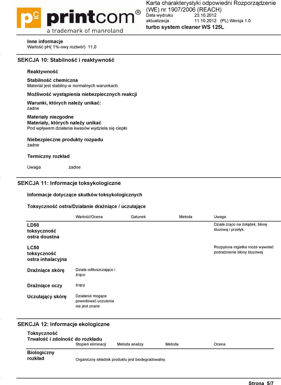 produkty rozpadu Termiczny rozkład Uwaga SEKCJA 11: Informacje toksykologiczne Informacje dotyczące skutków toksykologicznych Toksyczność ostra/działanie drażniące / uczulające Wartość/Ocena Gatunek