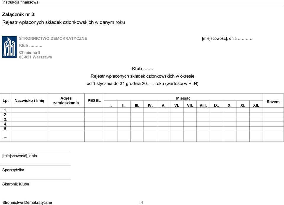 Rejestr wpłaconych składek członkowskich w okresie od 1 stycznia do 31 grudnia 20... roku (wartości w PLN) Lp. 1. 2. 3. 4.