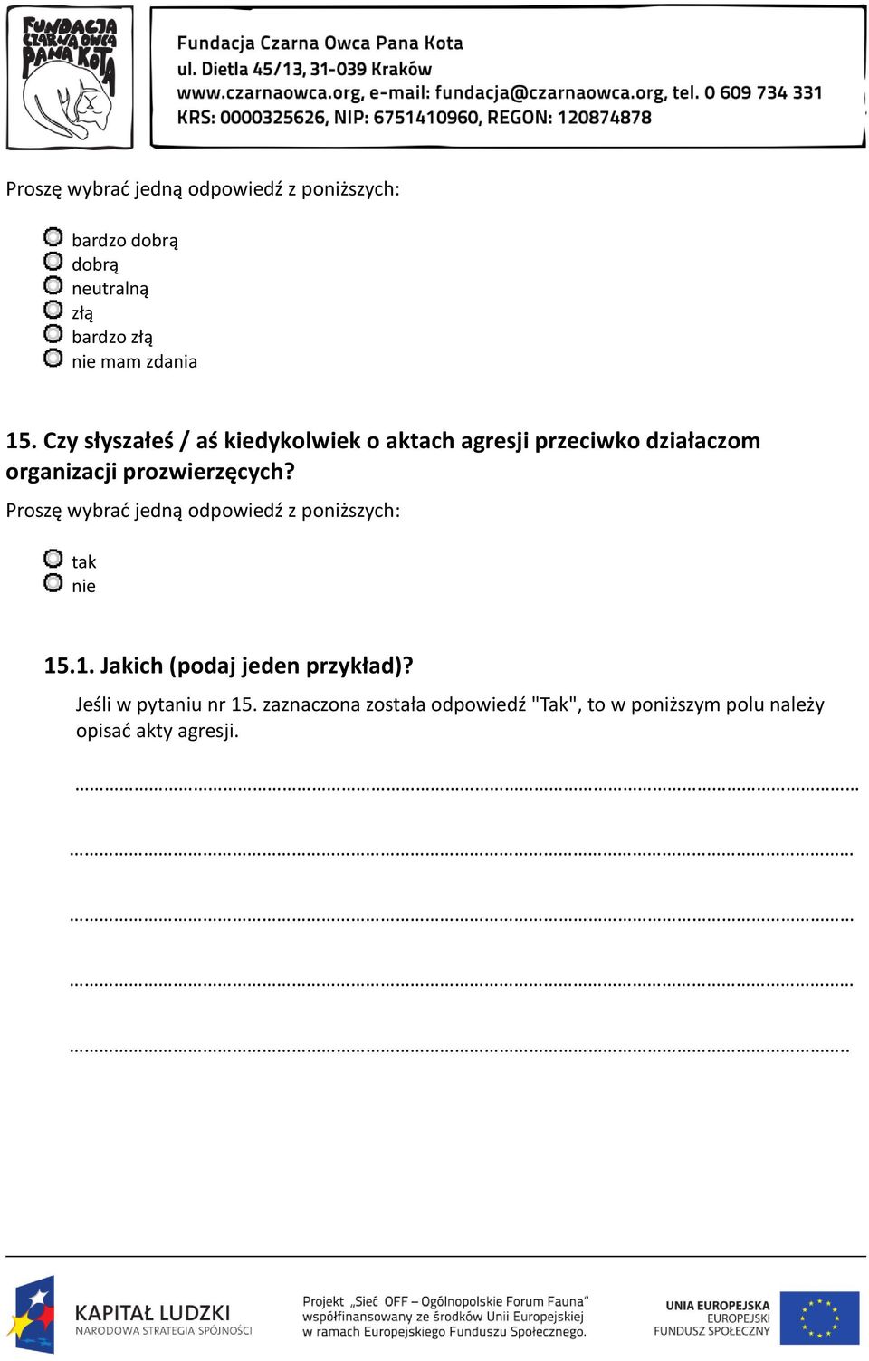 organizacji prozwierzęcych? 15.1. Jakich (podaj jeden przykład)?