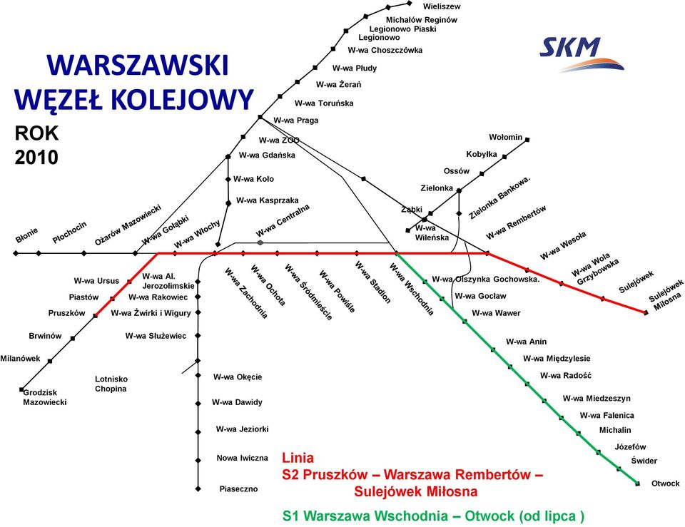 W-wa Gocław Pruszków W-wa Żwirki i Wigury W-wa Wawer Brwinów W-wa Służewiec W-wa Anin Milanówek W-wa Międzylesie Grodzisk Mazowiecki Lotnisko Chopina W-wa Okęcie W-wa Dawidy