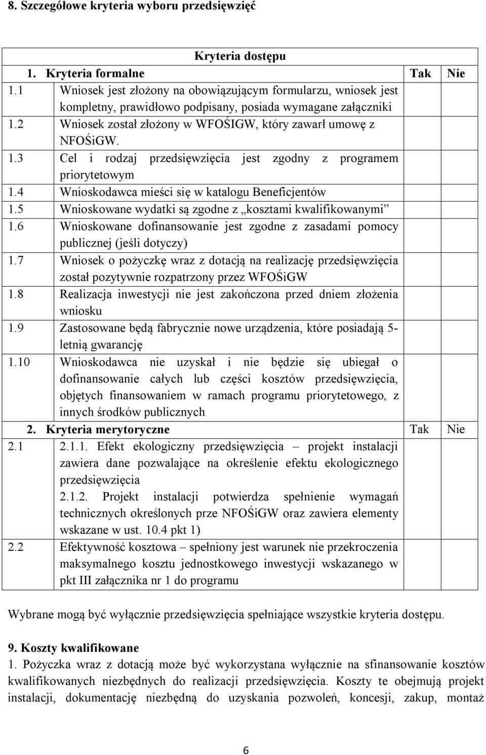 4 Wnioskodawca mieści się w katalogu Beneficjentów 1.5 Wnioskowane wydatki są zgodne z kosztami kwalifikowanymi 1.