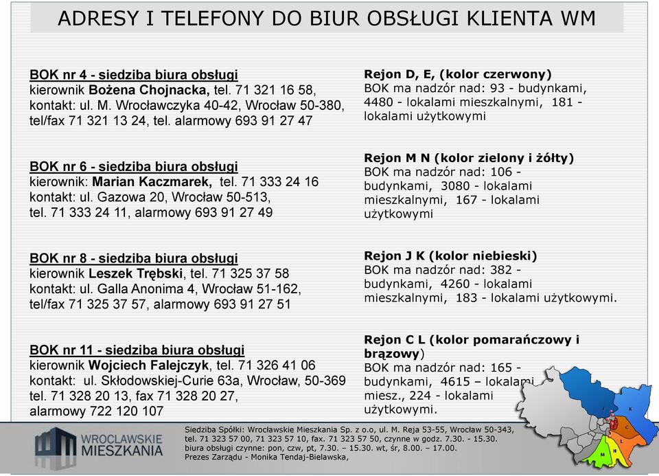 alarmowy 693 91 27 47 Rejon D, E, (kolor czerwony) BOK ma nadzór nad: 93 - budynkami, 4480 - lokalami mieszkalnymi, 181 - lokalami użytkowymi BOK nr 6 - siedziba biura obsługi kierownik: Marian