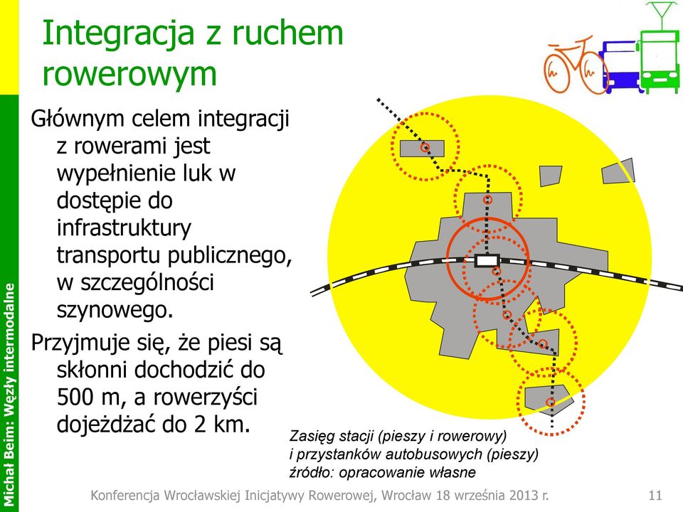 Przyjmuje się, że piesi są skłonni dochodzić do 500 m, a rowerzyści dojeżdżać do 2 km.