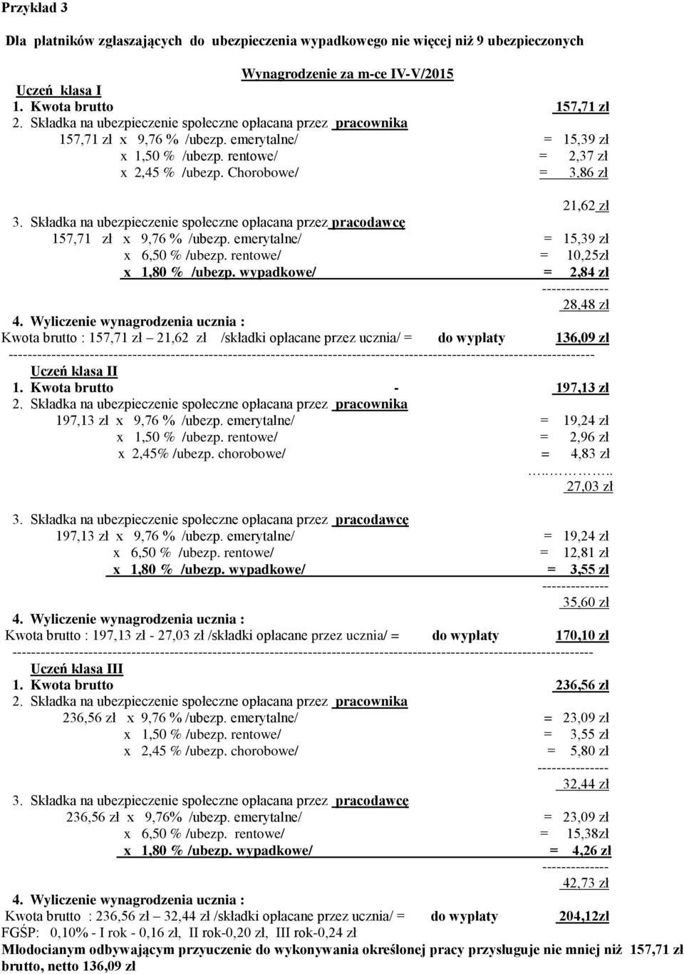 rentowe/ = 10,25zł x 1,80 % /ubezp. wypadkowe/ = 2,84 zł 28,48 zł Kwota brutto : 157,71 zł 21,62 zł /składki opłacane przez ucznia/ = do wypłaty 136,09 zł ----------- Uczeń klasa II 1.