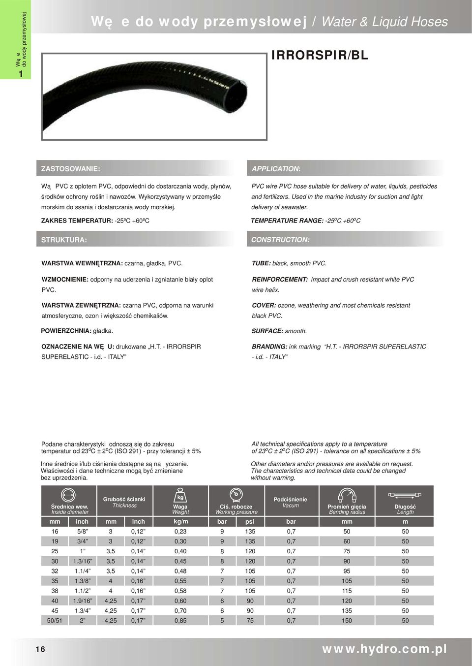 Used in the arine industry for suction and light delivery of seawater. TEMPERATURE RANGE: -oc +oc WARSTWA WEWNĘTRZNA: czarna, gładka, PVC.