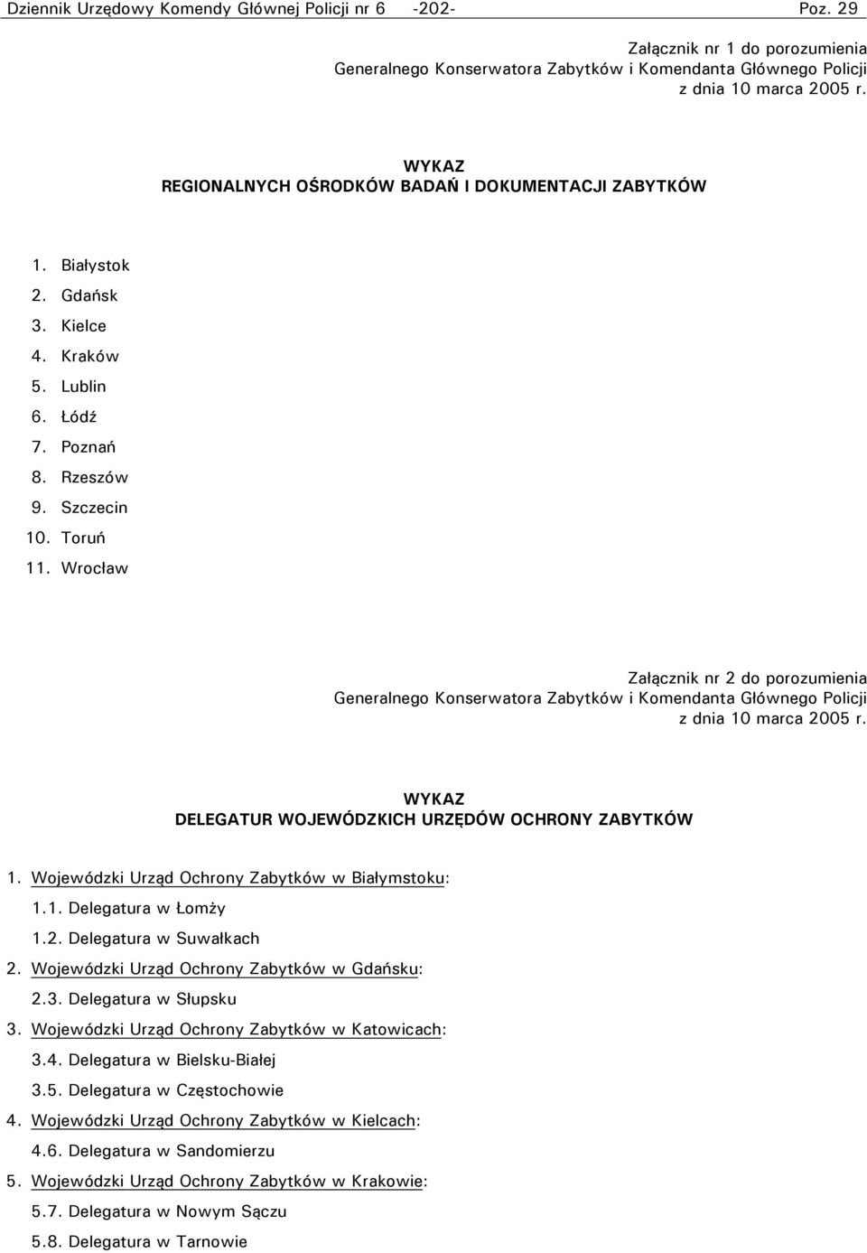 Wrocław Załącznik nr 2 do porozumienia Generalnego Konserwatora Zabytków i Komendanta Głównego Policji z dnia 10 marca 2005 r. WYKAZ DELEGATUR WOJEWÓDZKICH URZĘDÓW OCHRONY ZABYTKÓW 1.