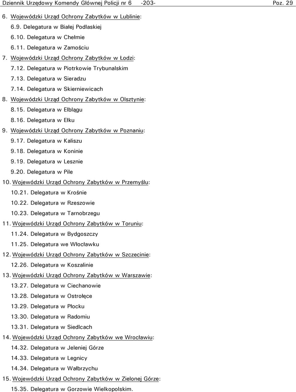 Wojewódzki Urząd Ochrony Zabytków w Olsztynie: 8.15. Delegatura w Elblągu 8.16. Delegatura w Ełku 9. Wojewódzki Urząd Ochrony Zabytków w Poznaniu: 9.17. Delegatura w Kaliszu 9.18.