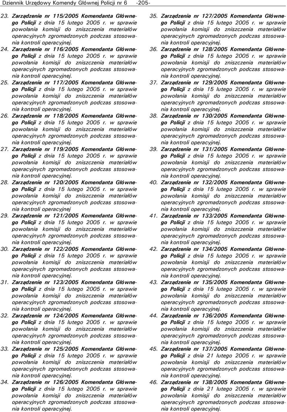 Zarządzenie nr 121/2005 Komendanta Głównego 30. Zarządzenie nr 122/2005 Komendanta Głównego 31. Zarządzenie nr 123/2005 Komendanta Głównego 32. Zarządzenie nr 124/2005 Komendanta Głównego 33.