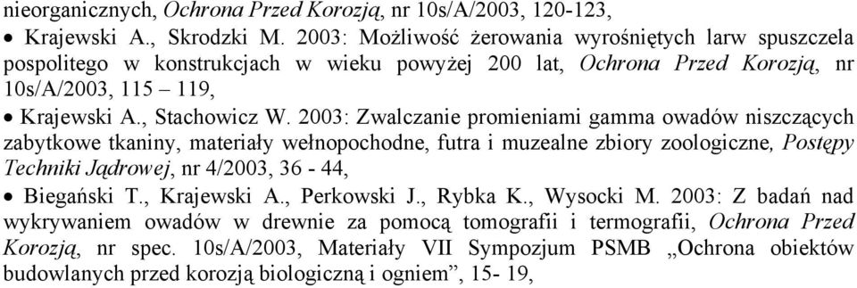 2003: Zwalczanie promieniami gamma owadów niszczących zabytkowe tkaniny, materiały wełnopochodne, futra i muzealne zbiory zoologiczne, Postępy Techniki Jądrowej, nr 4/2003, 36-44,