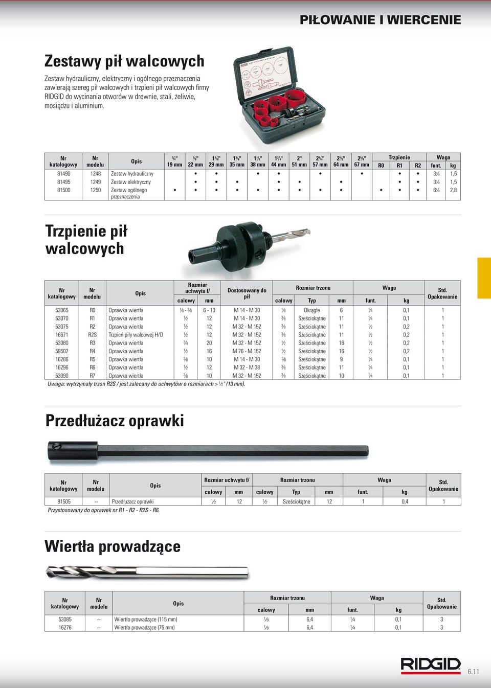 kg 81490 1248 Zestaw hydrauliczny 3 3 8 1,5 81495 1249 Zestaw elektryczny 3 3 8 1,5 81500 1250 Zestaw ogólnego przeznaczenia 6 1 8 2,8 Trzpienie pił walcowych Rozmiar uchwytu f/ Rozmiar trzonu