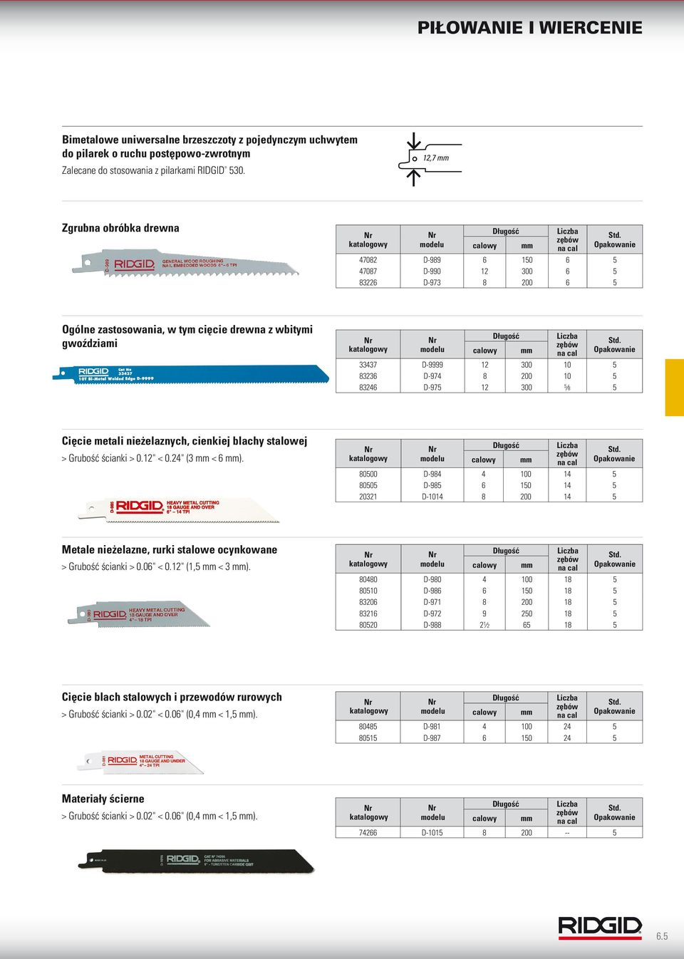 33437 D-9999 12 300 10 5 83236 D-974 8 200 10 5 83246 D-975 12 300 5 8 5 Cięcie metali nieżelaznych, cienkiej blachy stalowej > Grubość ścianki > 0.12" < 0.24" (3 < 6 ).