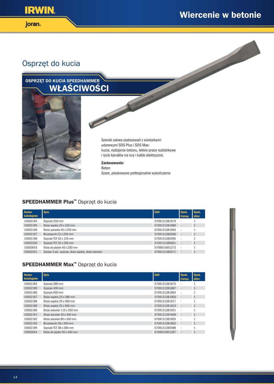 Zastosowanie: Beton Szare, piaskowane profesjonalne wykończenie SPEEDHAMMER Plus Osprzęt do kucia Opis EAN 10502194 Szpicak 250 mm 5709131281979-1 10502195 Dłuto wąskie 20 x 250 mm 5709131281986-1