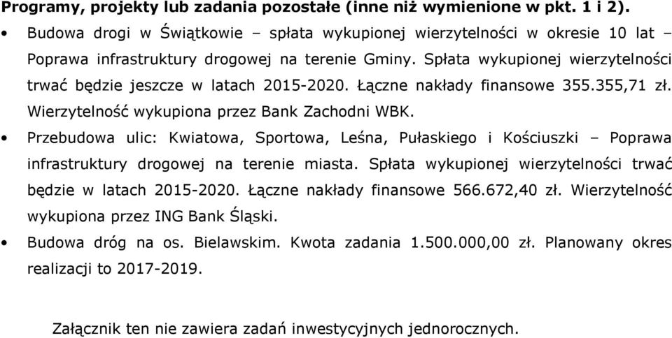 Łączne nakłady finansowe 355.355,71 zł. Wierzytelność wykupiona przez Bank Zachodni WBK.