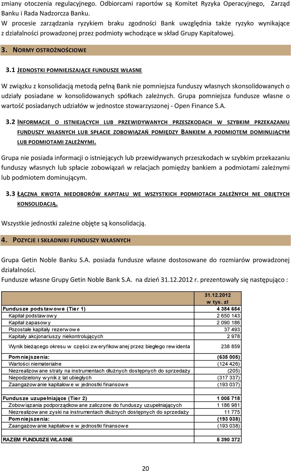 1 JEDNOSTKI POMNIEJSZAJĄCE FUNDUSZE WŁASNE W związku z konsolidacją metodą pełną Bank nie pomniejsza funduszy własnych skonsolidowanych o udziały posiadane w konsolidowanych spółkach zależnych.