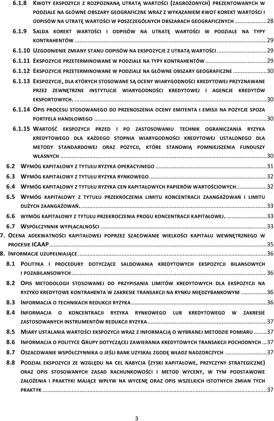 .. 29 6.1.11 EKSPOZYCJE PRZETERMINOWANE W PODZIALE NA TYPY KONTRAHENTÓW... 29 6.1.12 EKSPOZYCJE PRZETERMINOWANE W PODZIALE NA GŁÓWNE OBSZARY GEOGRAFICZNE... 30 6.1.13 EKSPOZYCJE, DLA KTÓRYCH STOSOWANE SĄ OCENY WIARYGODNOŚCI KREDYTOWEJ PRZYZNAWANE PRZEZ ZEWNĘTRZNE INSTYTUCJE WIARYGODNOŚCI KREDYTOWEJ I AGENCJE KREDYTÓW EKSPORTOWYCH.