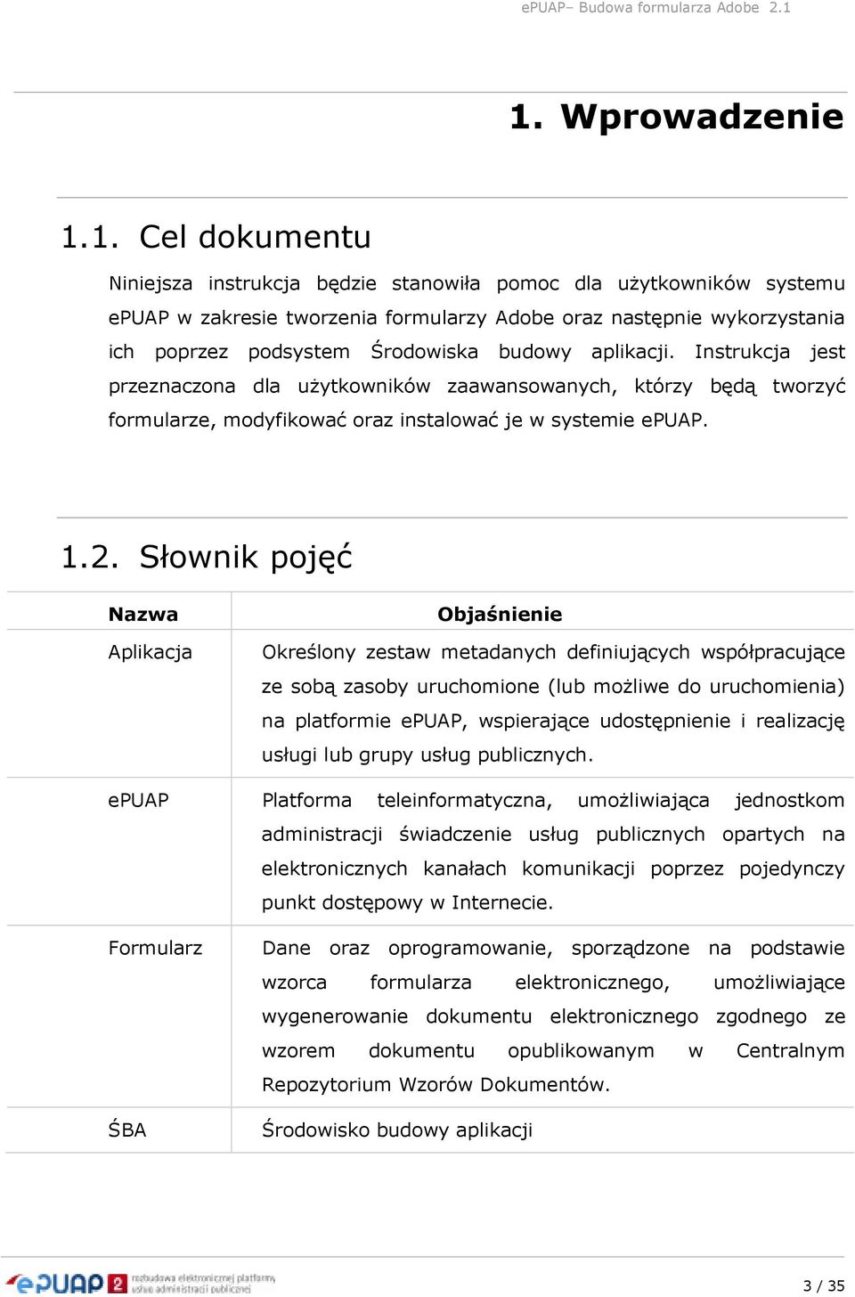 Słownik pojęć Nazwa Aplikacja epuap Formularz ŚBA Objaśnienie Określony zestaw metadanych definiujących współpracujące ze sobą zasoby uruchomione (lub moŝliwe do uruchomienia) na platformie epuap,