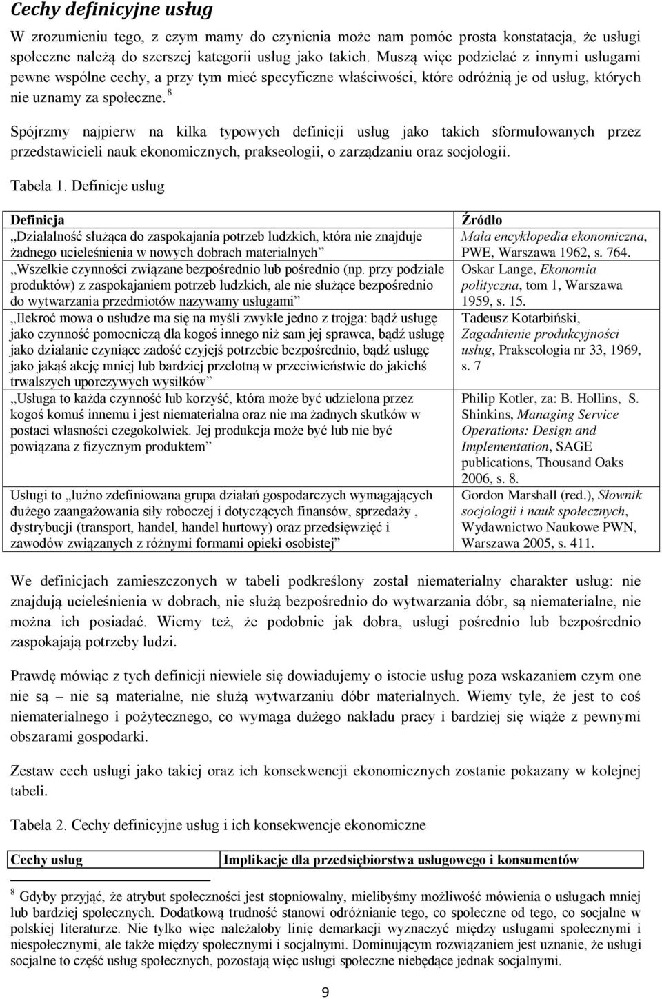 8 Spójrzmy najpierw na kilka typowych definicji usług jako takich sformułowanych przez przedstawicieli nauk ekonomicznych, prakseologii, o zarządzaniu oraz socjologii. Tabela 1.