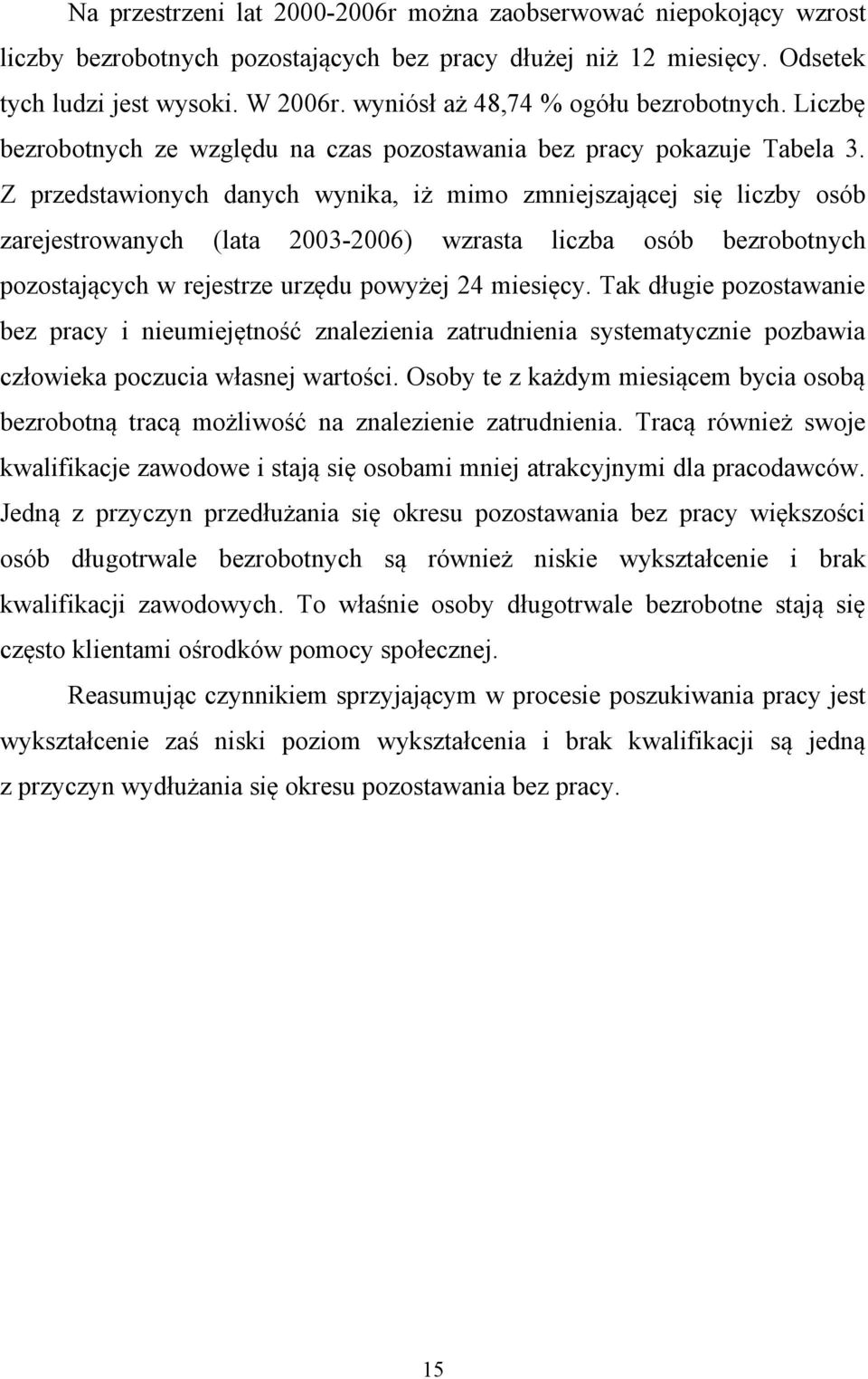 Z przedstawionych danych wynika, iż mimo zmniejszającej się liczby osób zarejestrowanych (lata 2003-2006) wzrasta liczba osób bezrobotnych pozostających w rejestrze urzędu powyżej 24 miesięcy.