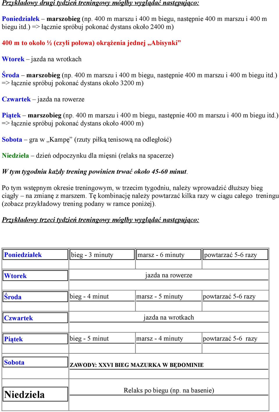 400 m marszu i 400 m biegu, następnie 400 m marszu i 400 m biegu itd.) => łącznie spróbuj pokonać dystans około 3200 m) Czwartek jazda na rowerze Piątek marszobieg (np.