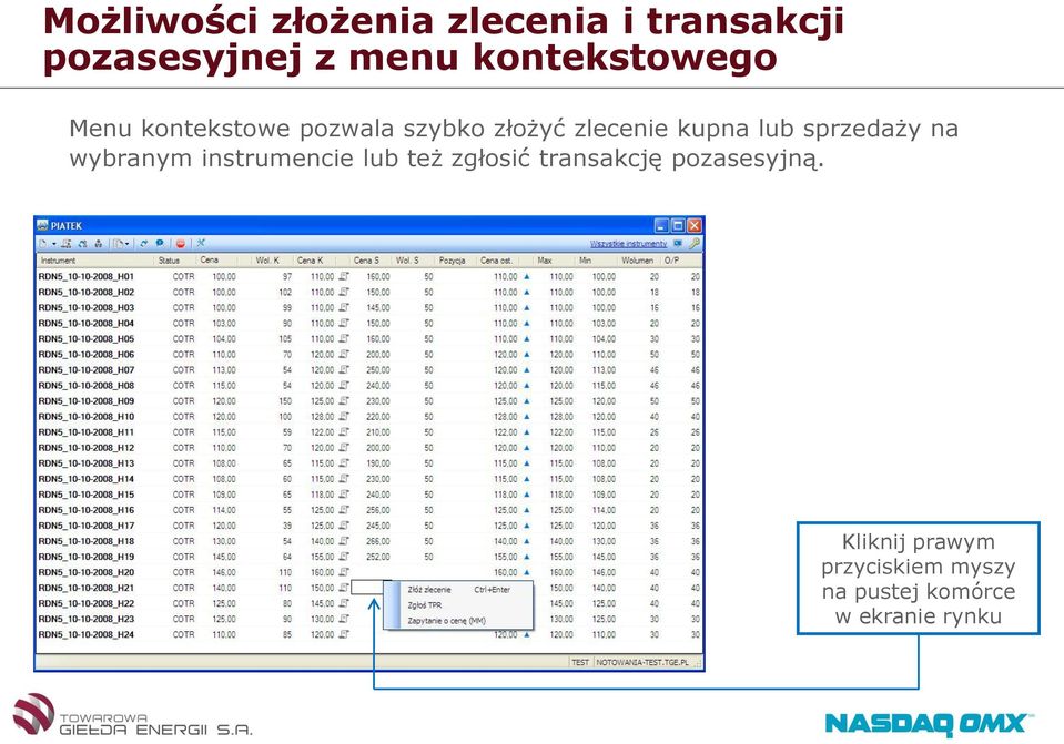 lub sprzedaży na wybranym instrumencie lub też zgłosić transakcję