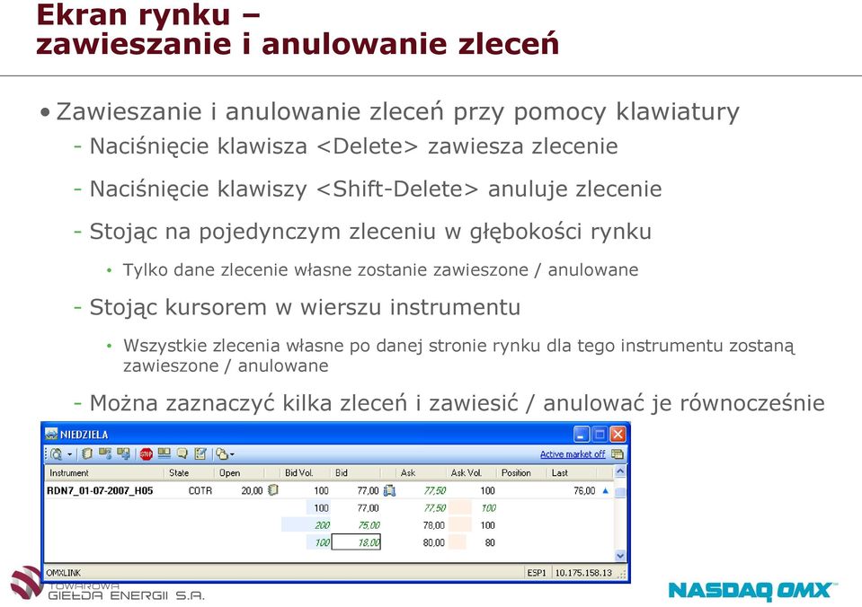 dane zlecenie własne zostanie zawieszone / anulowane - Stojąc kursorem w wierszu instrumentu Wszystkie zlecenia własne po danej