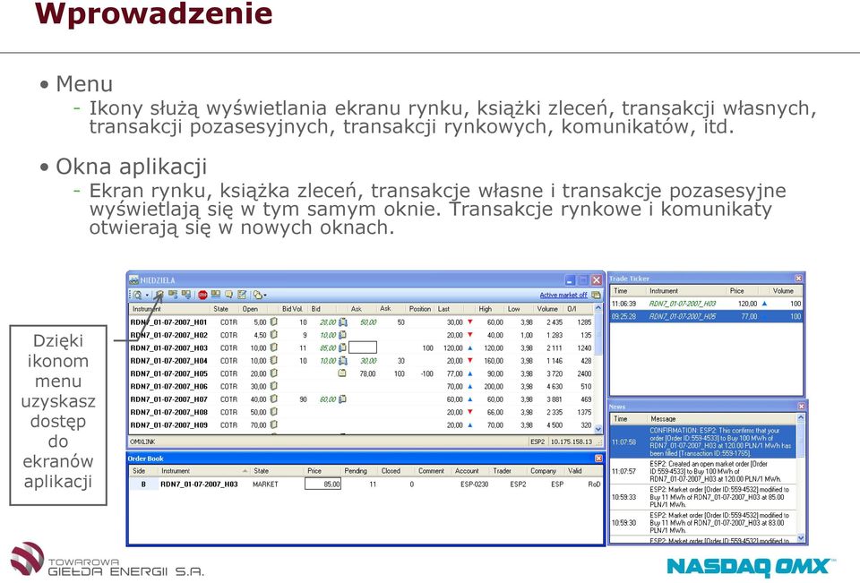 Okna aplikacji - Ekran rynku, książka zleceń, transakcje własne i transakcje pozasesyjne wyświetlają