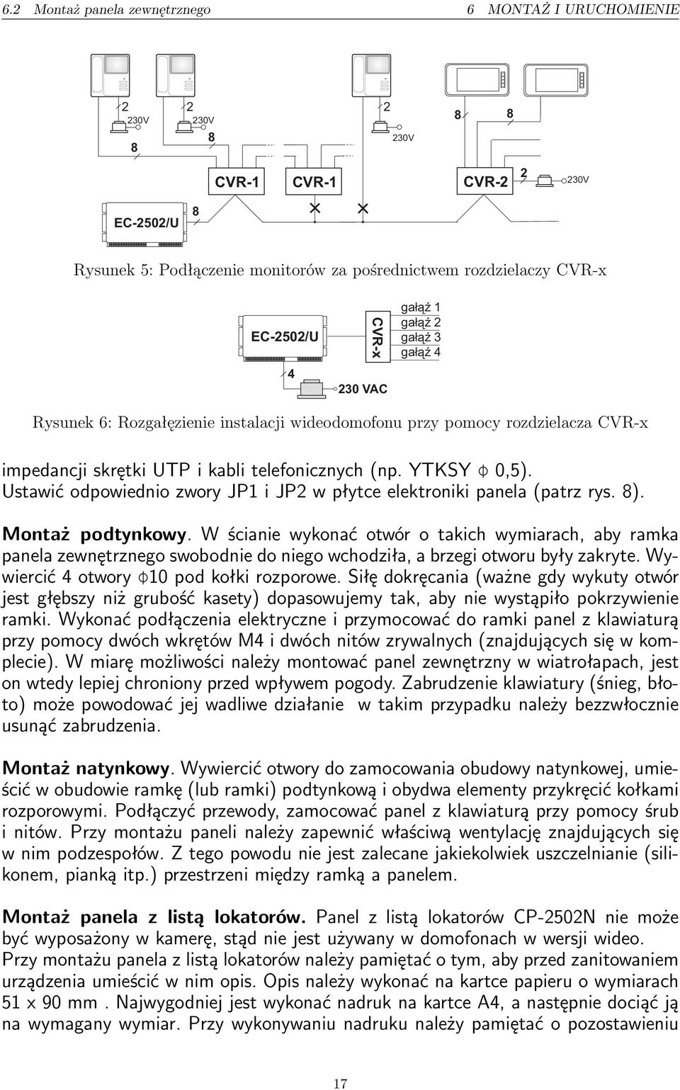 Ustawić odpowiednio zwory JP1 i JP w płytce elektroniki panela (patrz rys. 8). Montaż podtynkowy.