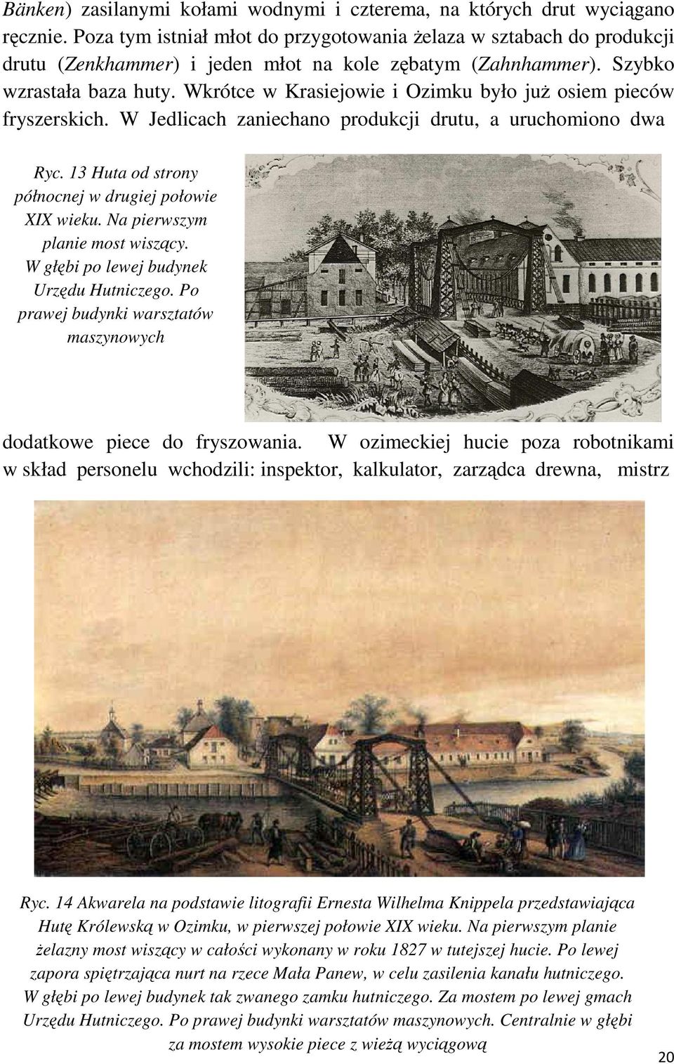 Wkrótce w Krasiejowie i Ozimku było juŝ osiem pieców fryszerskich. W Jedlicach zaniechano produkcji drutu, a uruchomiono dwa Ryc. 13 Huta od strony północnej w drugiej połowie XIX wieku.