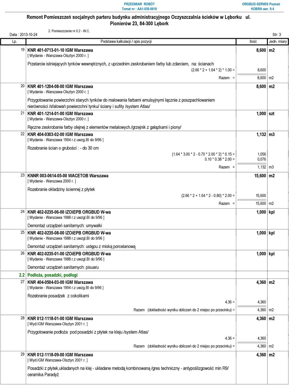 00 = 8,600 Razem = 8,600 m2 20 KNR 401-1204-08-00 IGM Warszawa 8,600 m2 Przygotowanie powierzchni starych tynków do malowania farbami emulsyjnymi łącznie z poszpachlowaniem nierówności /sfalowań