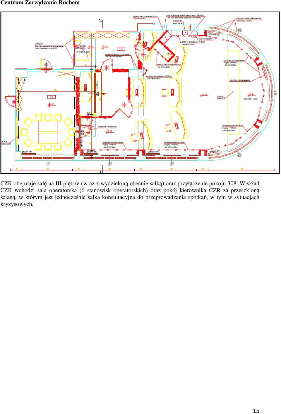 W skład CZR wchodzi sala operatorska (6 stanowisk operatorskich) oraz pokój kierownika