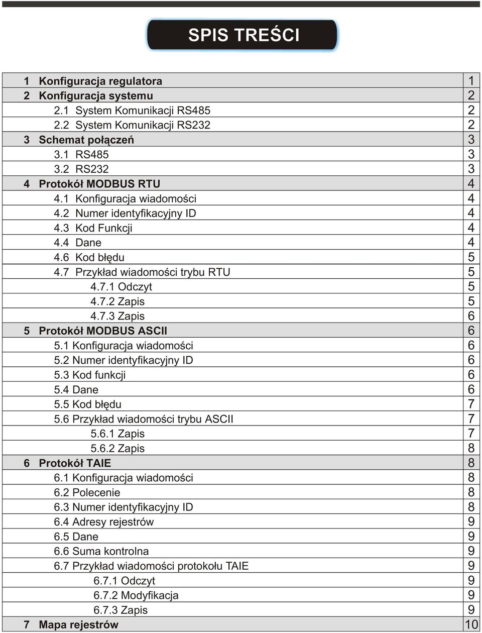 1 Konfiguracja wiadomoœci 5.2 5.3 5.4 Dane 5.5 Kod b³êdu 5.6 Przyk³ad wiadomoœci trybu ASCII 5.6.1 Zapis 5.6.2 Zapis 6 Protokó³ TAIE 6.1 Konfiguracja wiadomoœci 6.2 Polecenie 6.3 6.