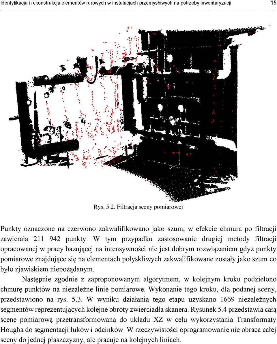 W tym przypadku zastosowanie drugiej metody filtracji opracowanej w pracy bazującej na intensywności nie jest dobrym rozwiązaniem gdyż punkty pomiarowe znajdujące się na elementach połyskliwych