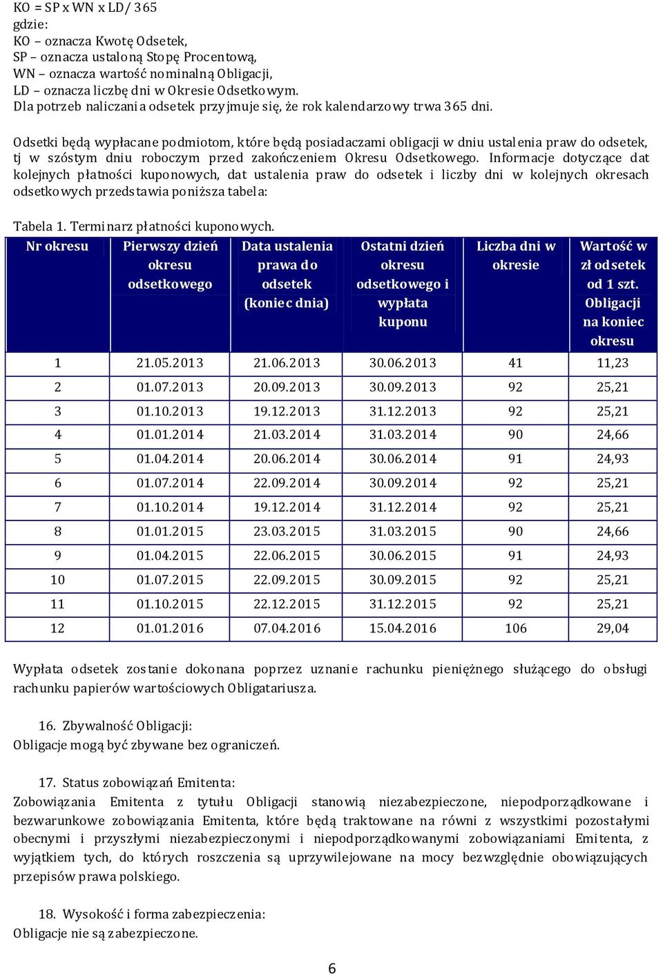 Odsetki będą wypłacane podmiotom, które będą posiadaczami obligacji w dniu ustal enia praw do odsetek, tj w szóstym dniu roboczym przed zakończeniem Okresu Odsetkowego.