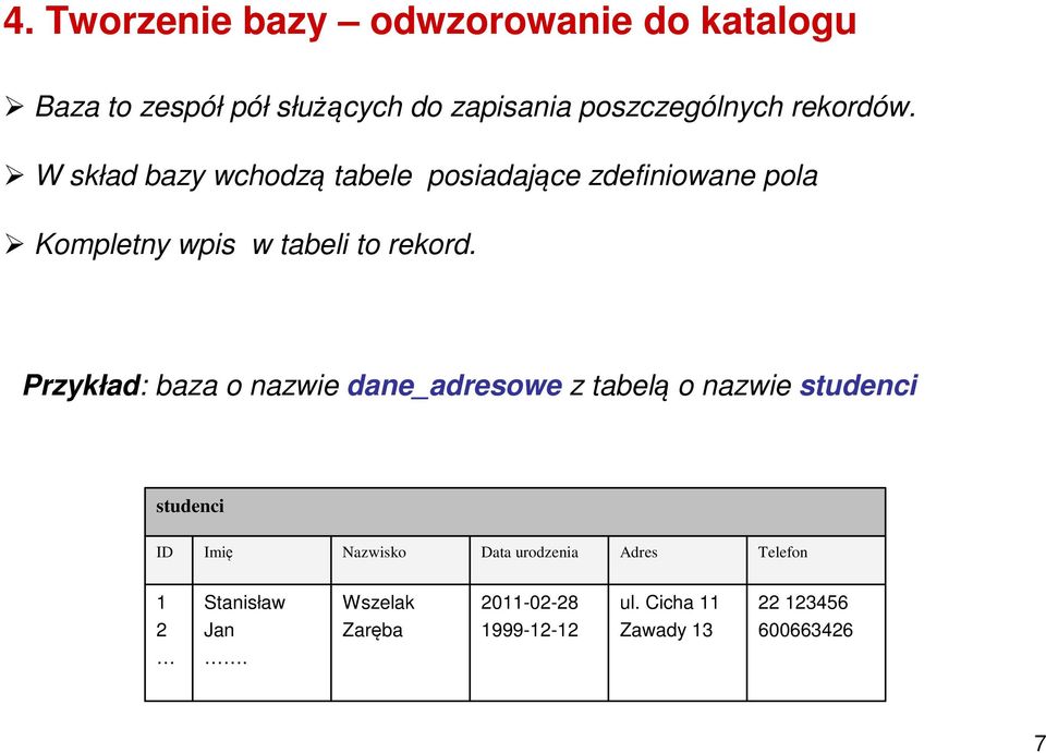 Przykład: baza o nazwie dane_adresowe z tabelą o nazwie studenci studenci ID Imię Nazwisko Data urodzenia