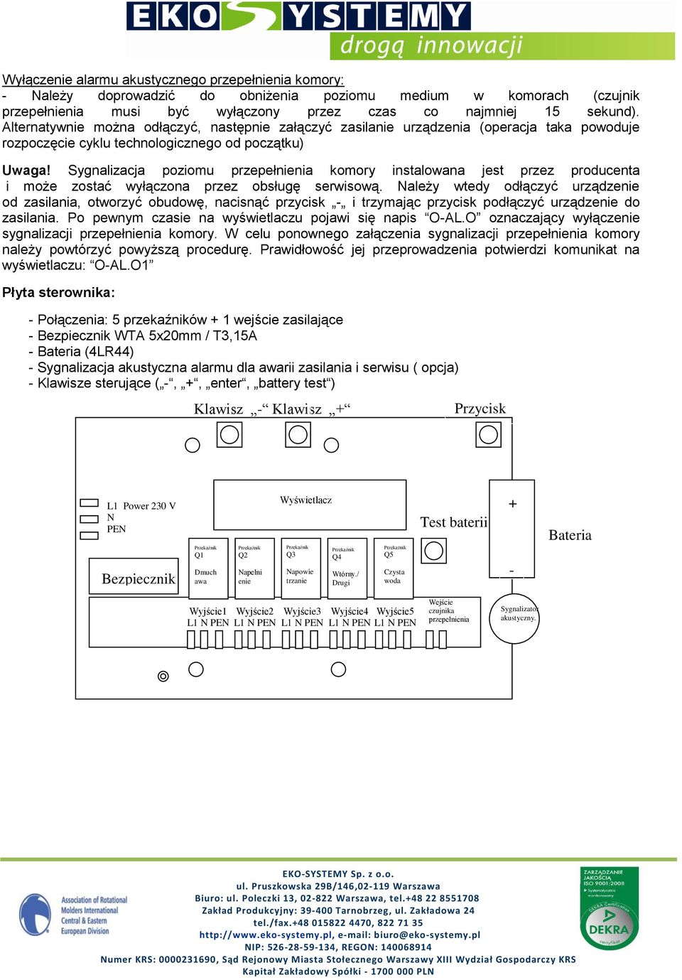 Sygnalizacja poziomu przepełnienia komory instalowana jest przez producenta i może zostać wyłączona przez obsługę serwisową.