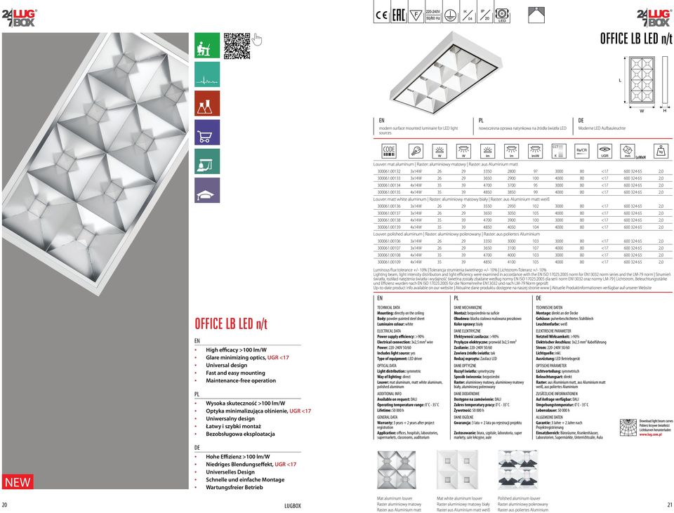 Effizienz >100 lm/w Niedriges Blendungseffekt, UGR <17 Universelles Design Wartungsfreier Betrieb Louver: mat aluminum Raster: aluminiowy matowy Raster: aus Aluminium matt 300061.