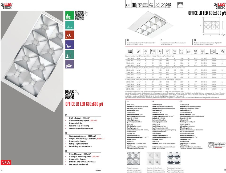 skuteczność >100 lm/w Optyka minimalizująca olśnienie, UGR <17 Uniwersalny design Bezobsługowa eksploatacja Hohe Effizienz >100 lm/w Niedriges Blendungseffekt UGR <17 Universelles Design