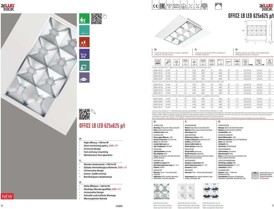 skuteczność >100 lm/w Optyka minimalizująca olśnienie, UGR <17 Uniwersalny design Bezobsługowa eksploatacja Hohe Effizienz >100 lm/w Niedriges Blendungseffekt, UGR <17 Universelles Design