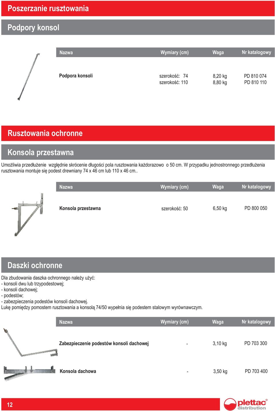 . Konsola przestawna szerokoœæ: 50 6,50 kg PD 800 050 Daszki ochronne Dla zbudowania daszka ochronnego nale y u yæ: - konsoli dwu lub trzypodestowej; - konsoli dachowej; - podestów; -